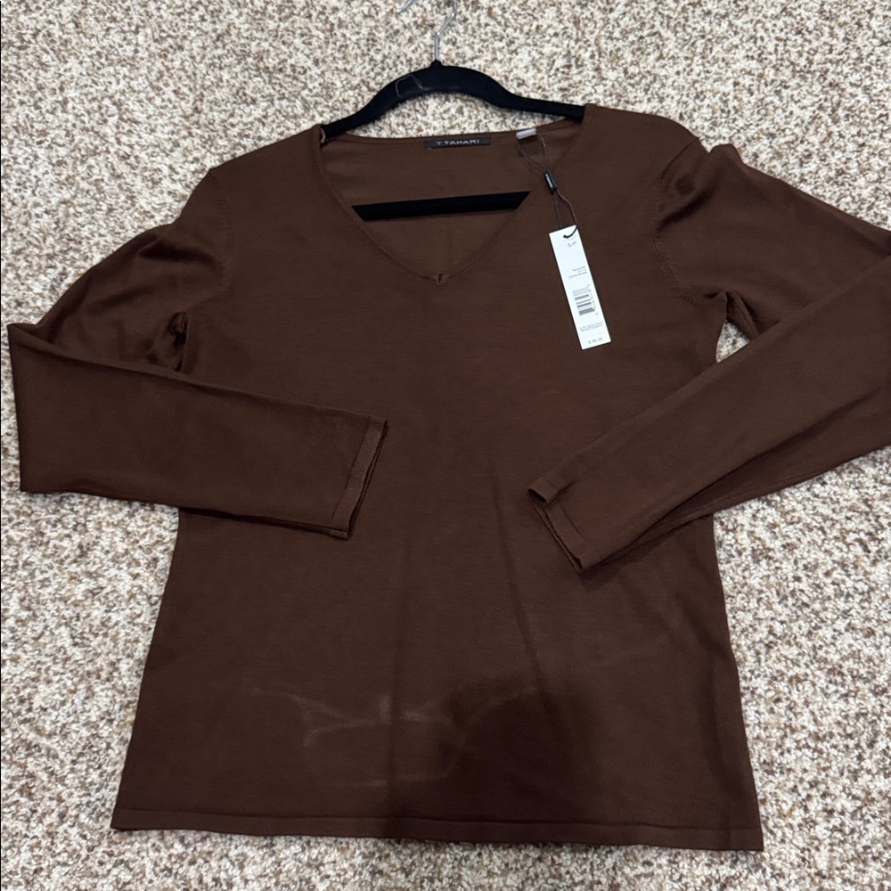 T Tahari V-Neck sweater top in Chocolate brown with Long Sleeve